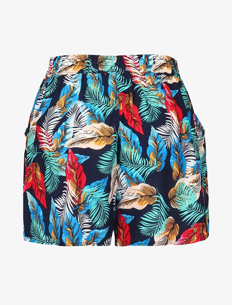 Kurz fließende Shorts mit buntem Blattmuster. - Marine