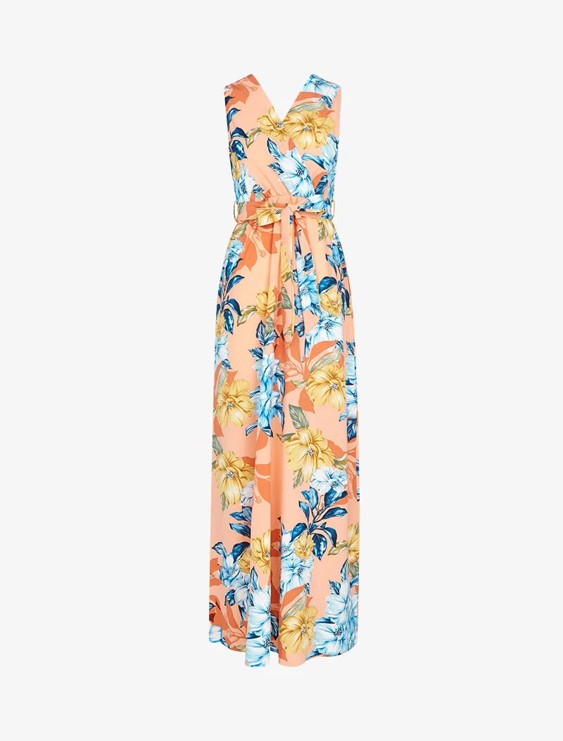 Langes Kleid mit Wickelausschnitt und Rücken. - Orange