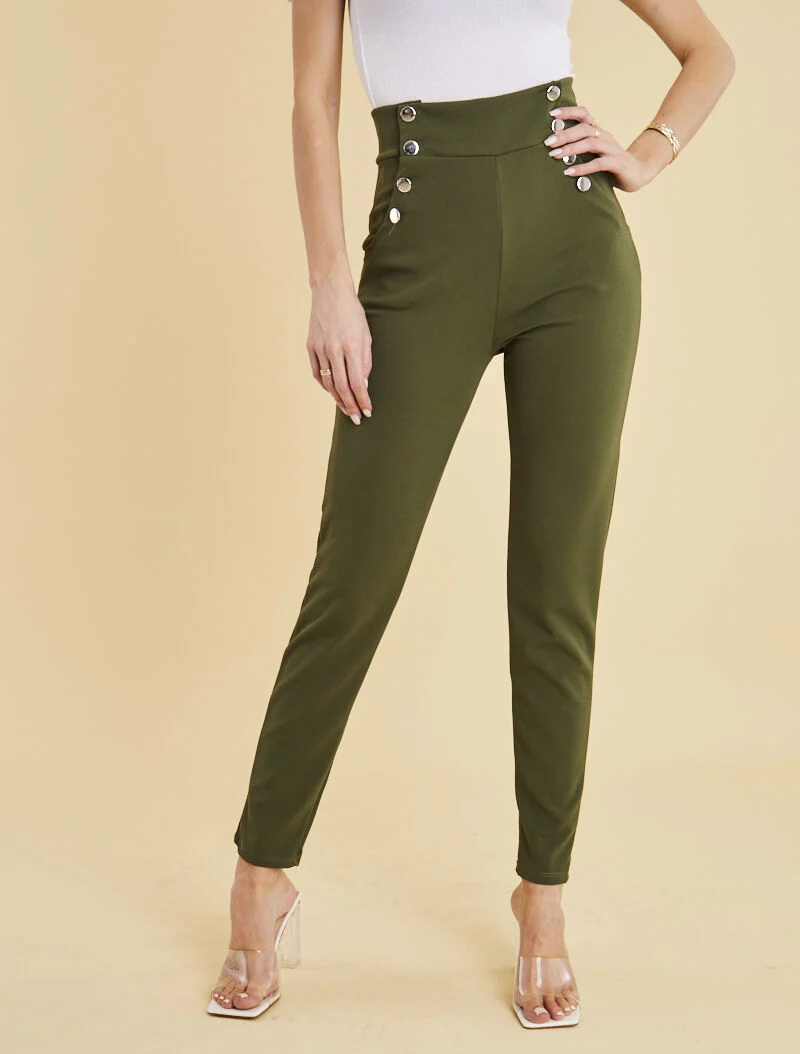 Empire-Taille-Hose mit Knopfleiste - Kaki
