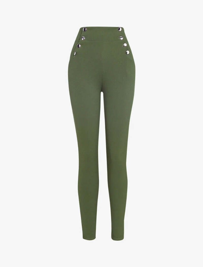 Empire-Taille-Hose mit Knopfleiste - Kaki