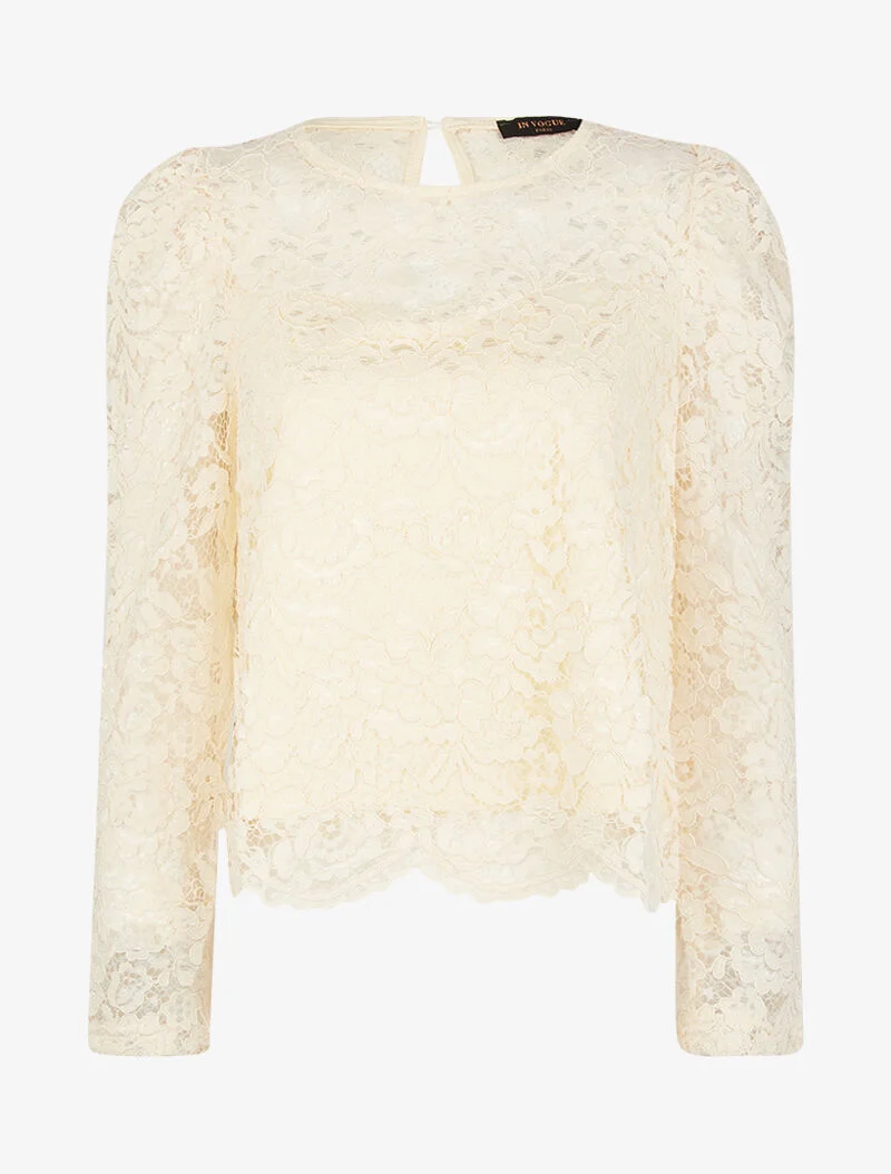Oberteil aus Spitzenstoff mit gewelltem Rand - beige