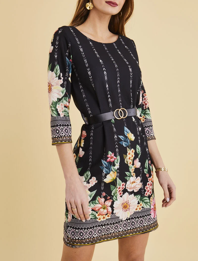 Gerades Kleid mit verschiedenen Drucken - schwarz