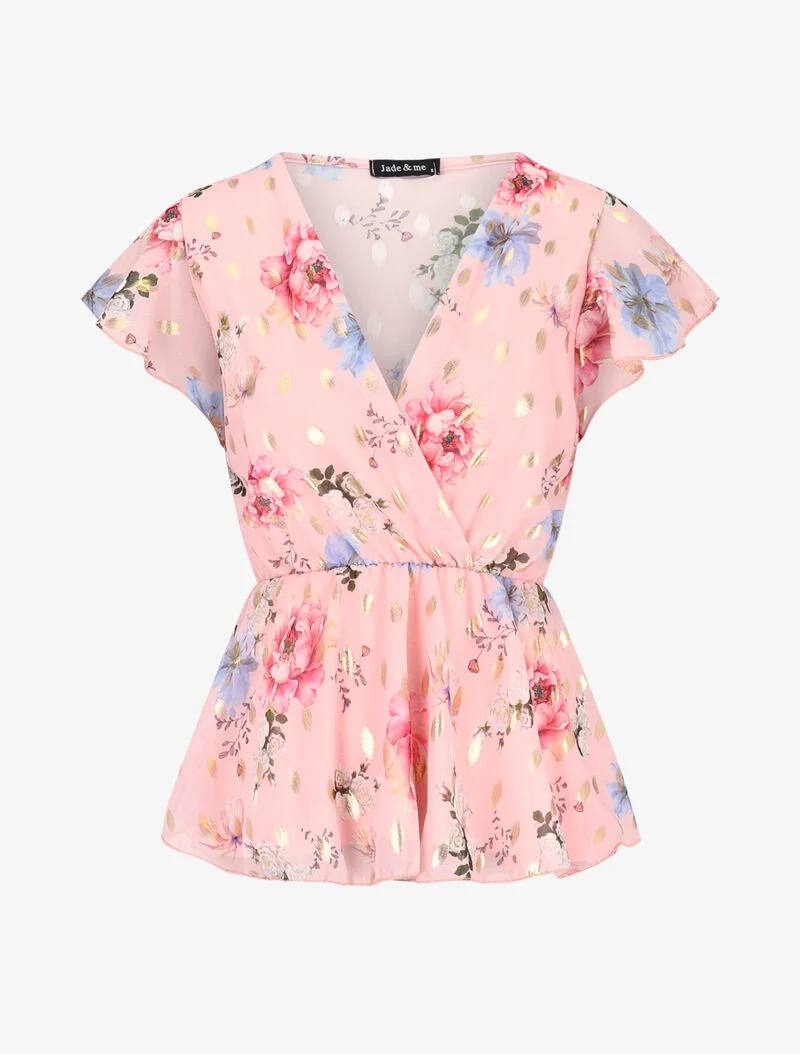 Wickelbluse mit Blumenmuster und Flockdruck. - Rose