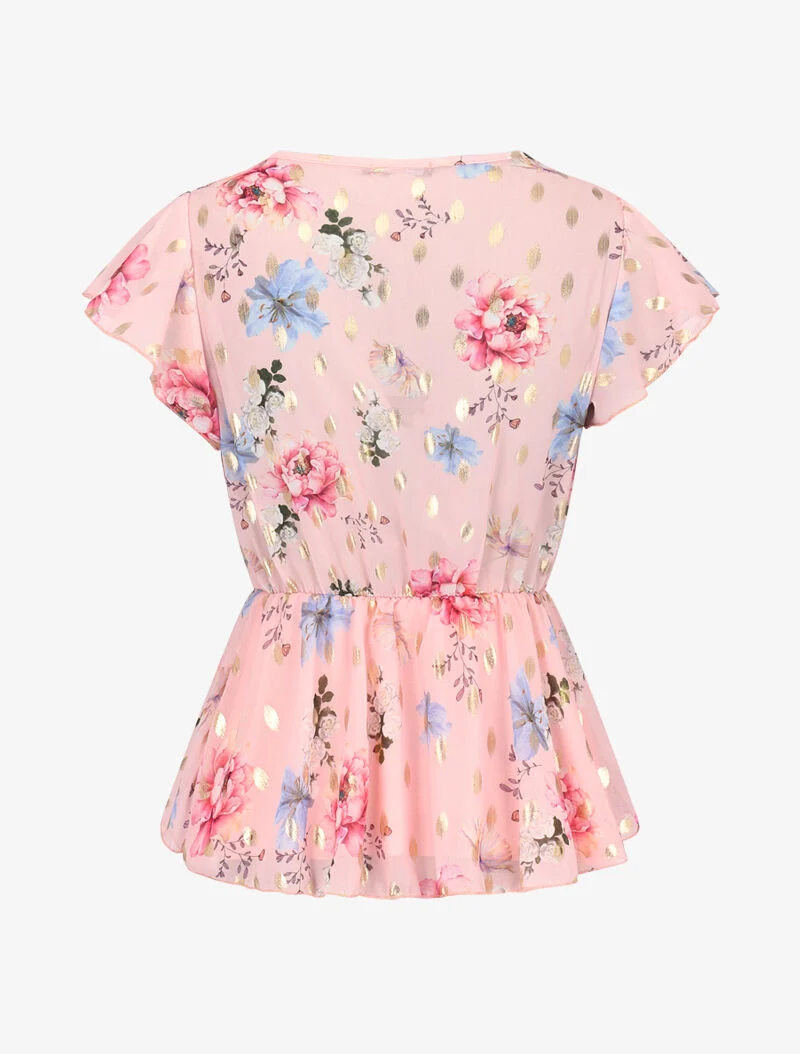 Wickelbluse mit Blumenmuster und Flockdruck. - Rose