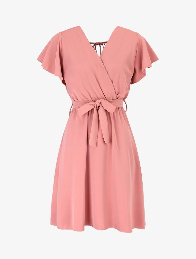 Tailliertes Kleid mit Rüschenärmeln - Lachsrosa