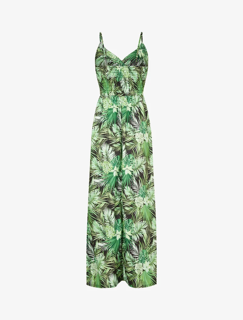 Langes Kleid mit tropischem Farnmuster - schwarz