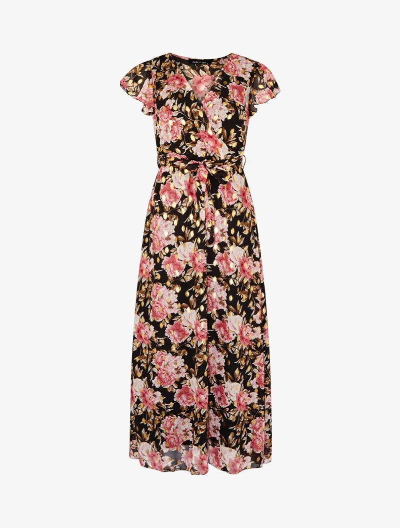 Kleid mit durchbrochenen Ärmelaufschlägen und Druckmuster - schwarz