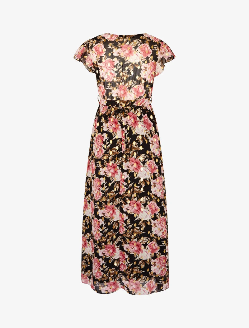 Kleid mit durchbrochenen Ärmelaufschlägen und Druckmuster - schwarz