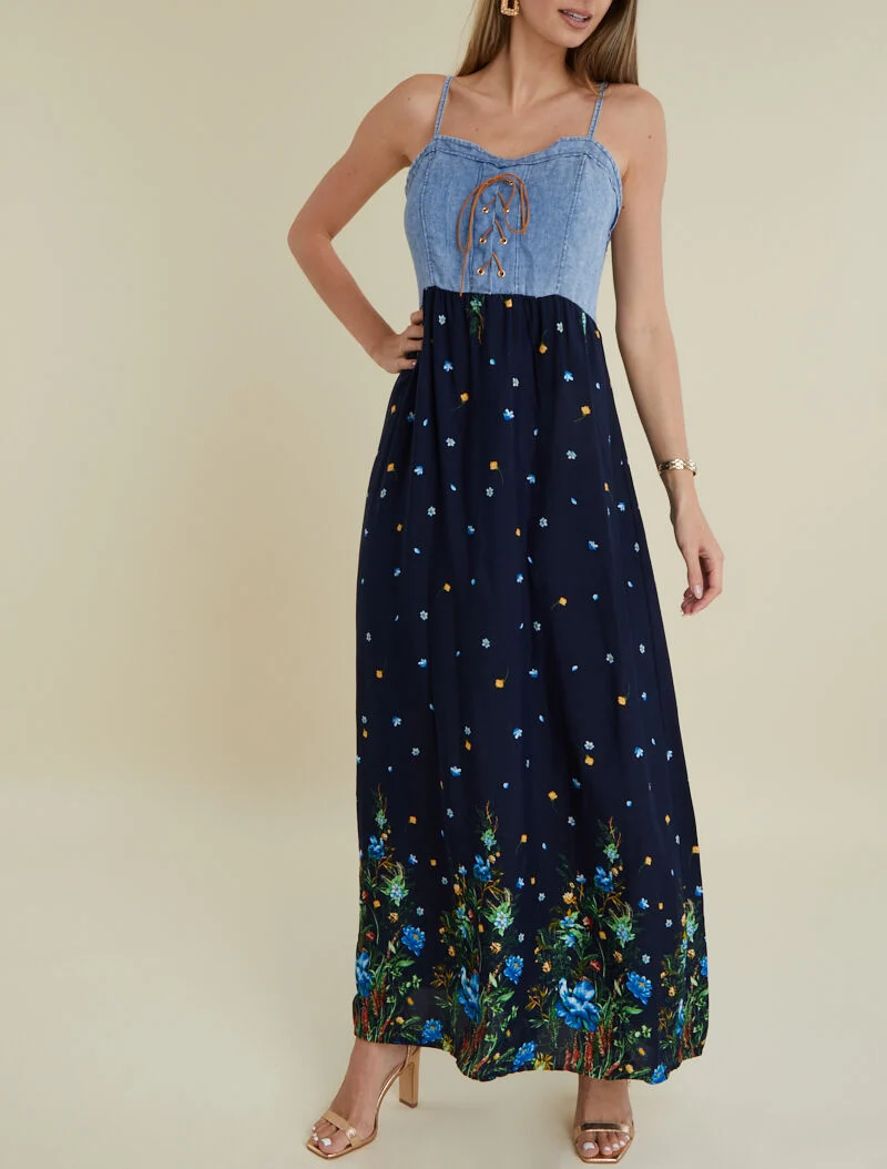 Kleid mit Jeans-Effekt-Oberteil und Prints - schwarz