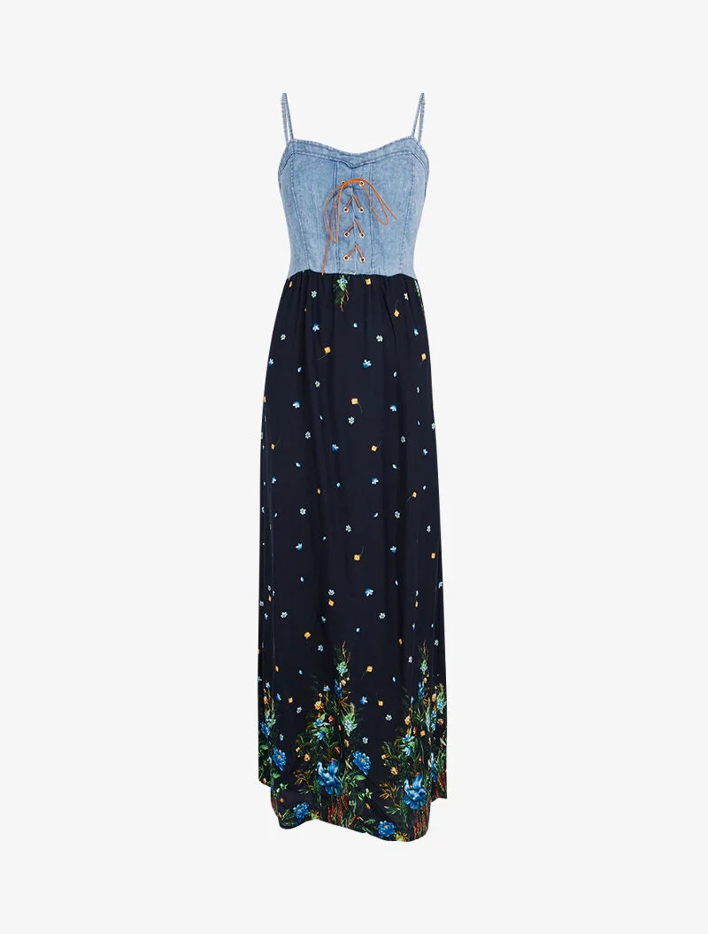 Kleid mit Jeans-Effekt-Oberteil und Prints - schwarz