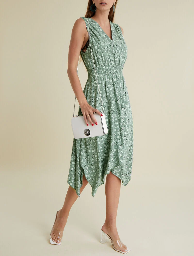 Asymmetrisches Blumenkleid - Kaki