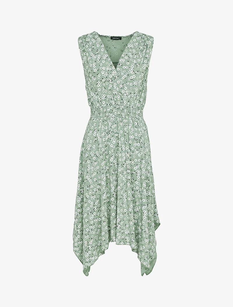 Asymmetrisches Blumenkleid - Kaki