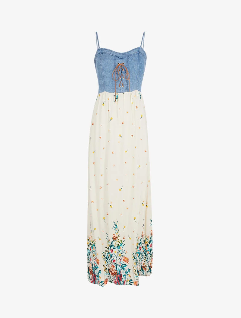 Kleid mit Jeans-Effekt-Oberteil und Prints - beige
