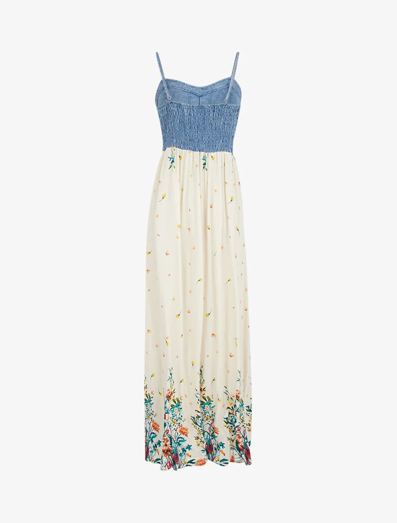 Kleid mit Jeans-Effekt-Oberteil und Prints - beige
