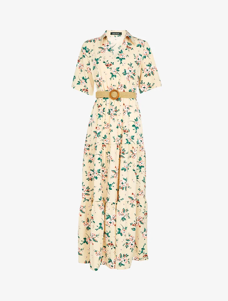 Weit geschnittenes Skaterkleid mit Veilchenmuster - beige