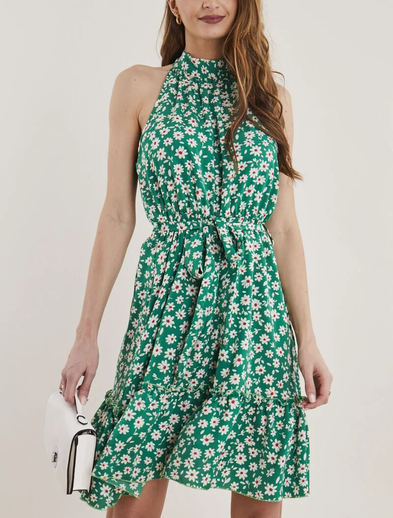 Kleid mit amerikanischem Kragen und Gänseblümchenmuster - Grün