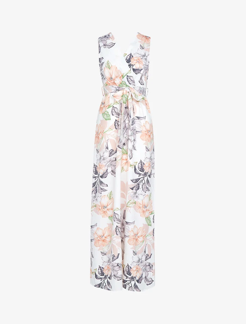 Langes Kleid mit Wickelausschnitt und Rücken. - Ecru