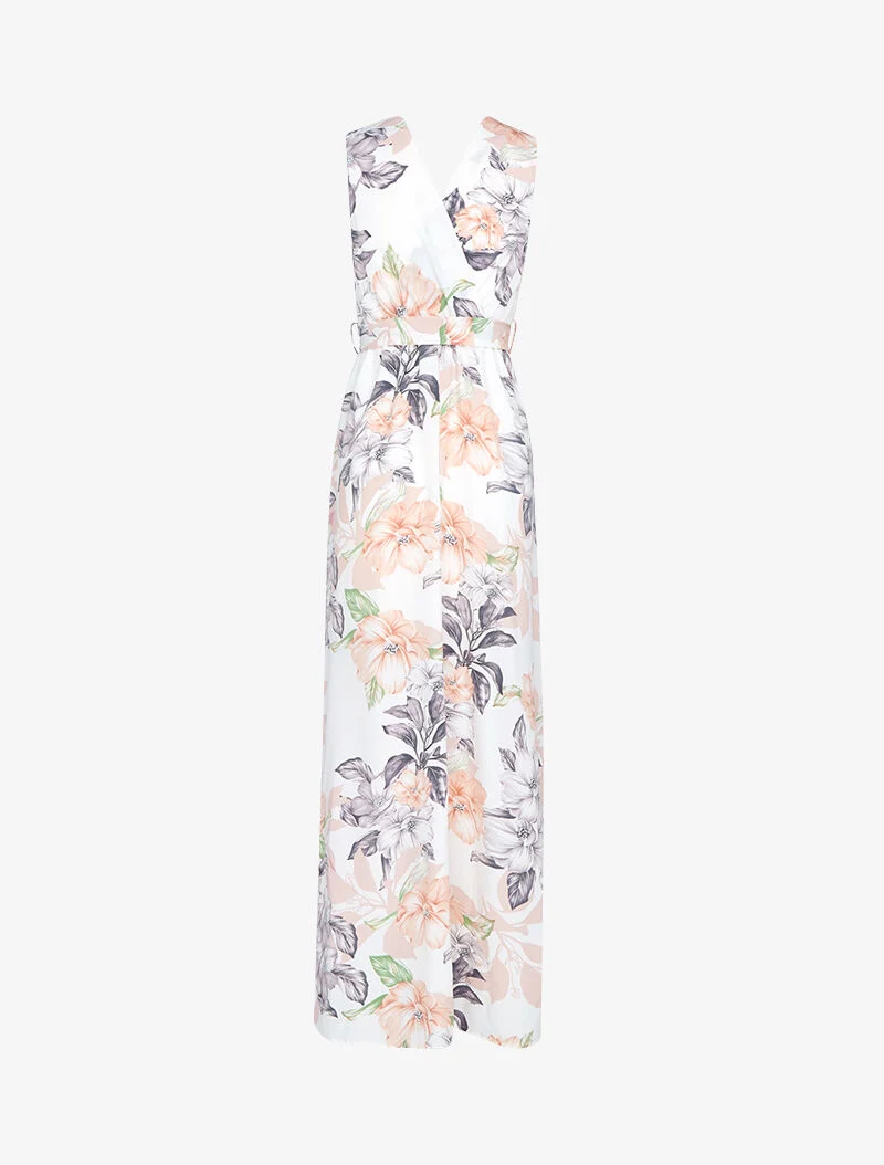 Langes Kleid mit Wickelausschnitt und Rücken. - Ecru