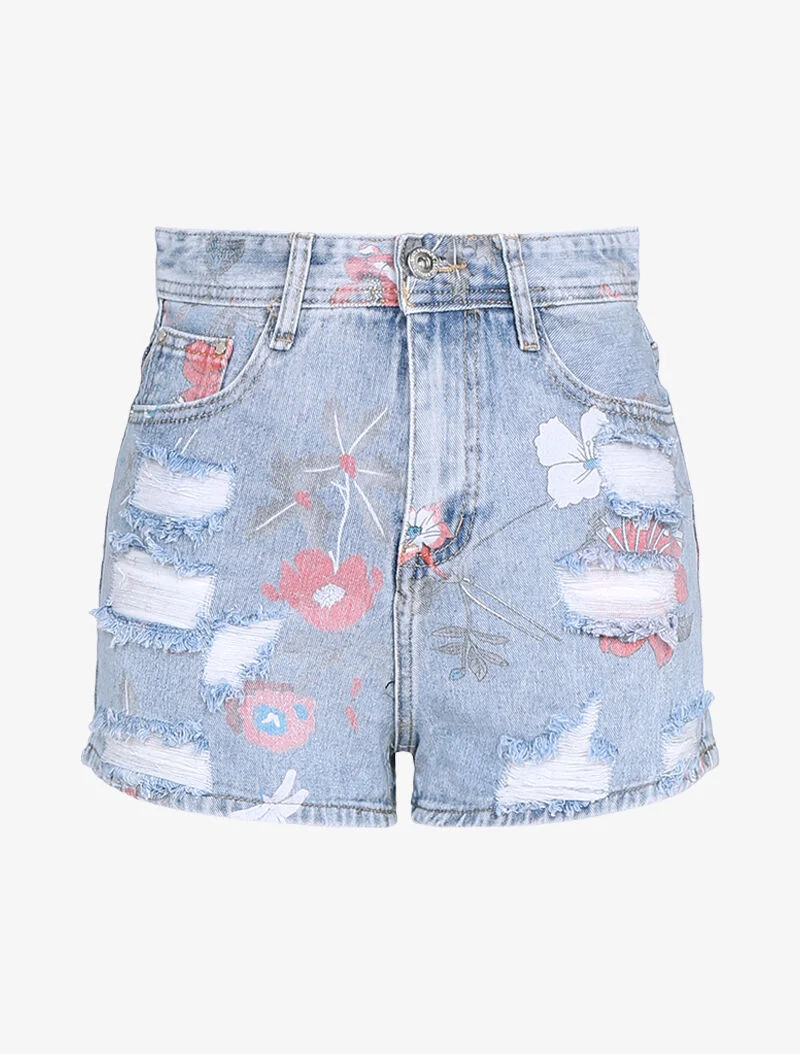 Zerrissene Mini-Shorts mit Blumenmuster - Himmelblau