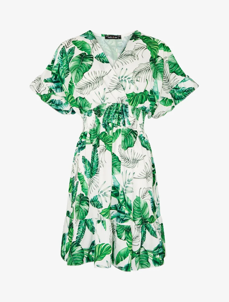 Bedrucktes Kleid mit Volantsäumen - weiß