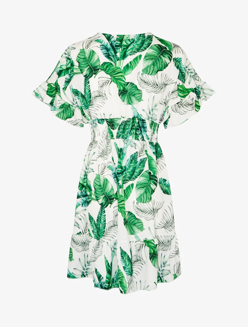 Bedrucktes Kleid mit Volantsäumen - weiß