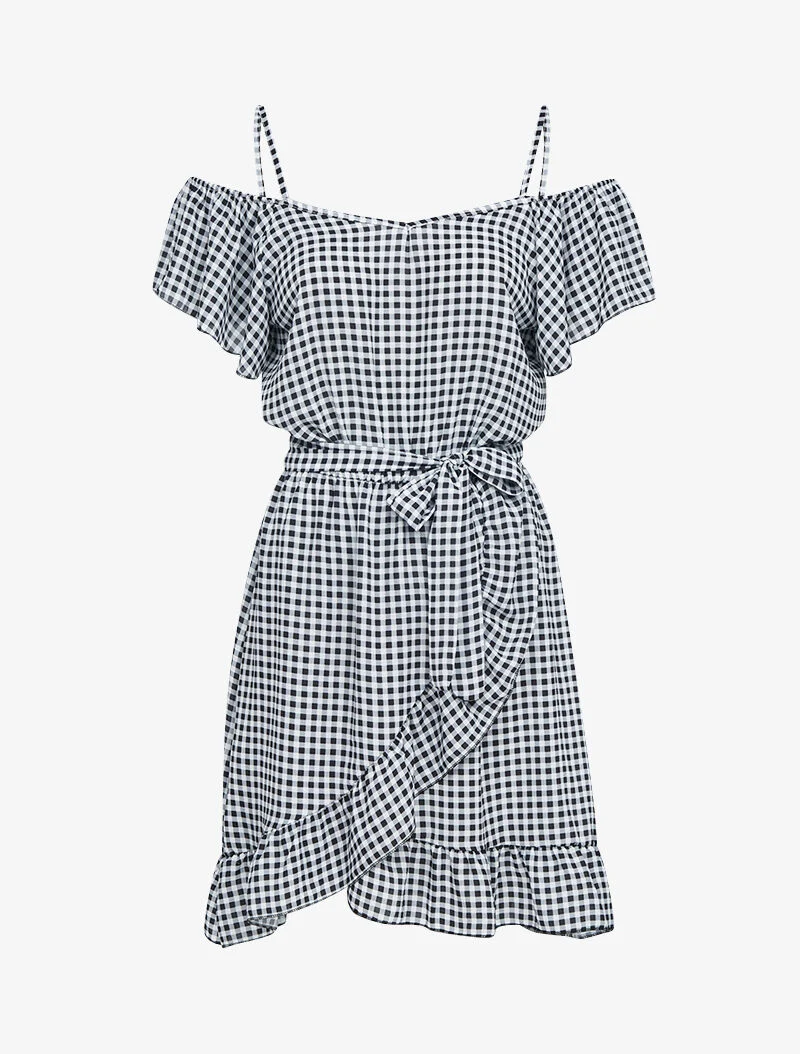 Schulterfreies Kleid mit Print - schwarz