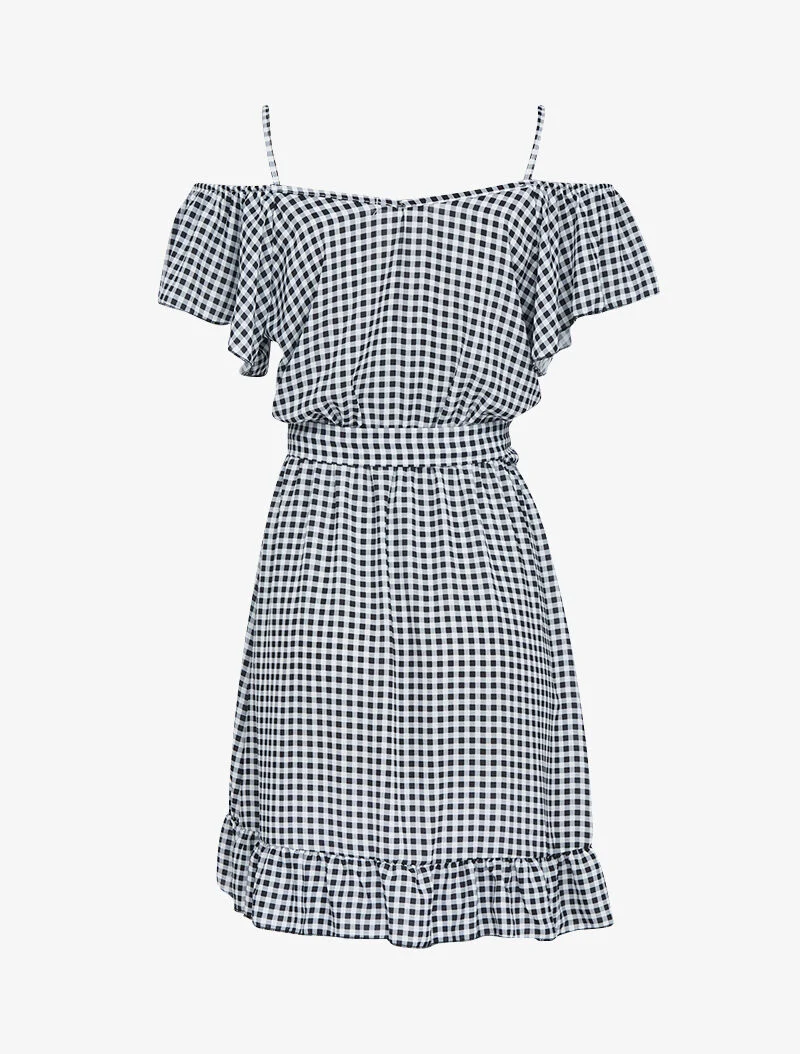 Schulterfreies Kleid mit Print - schwarz