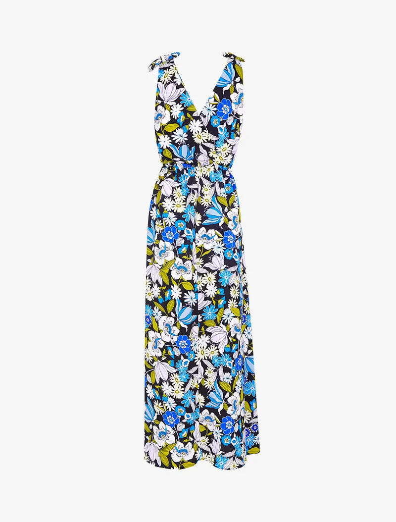Langes Kleid mit Druck und Bindeträgern - schwarz