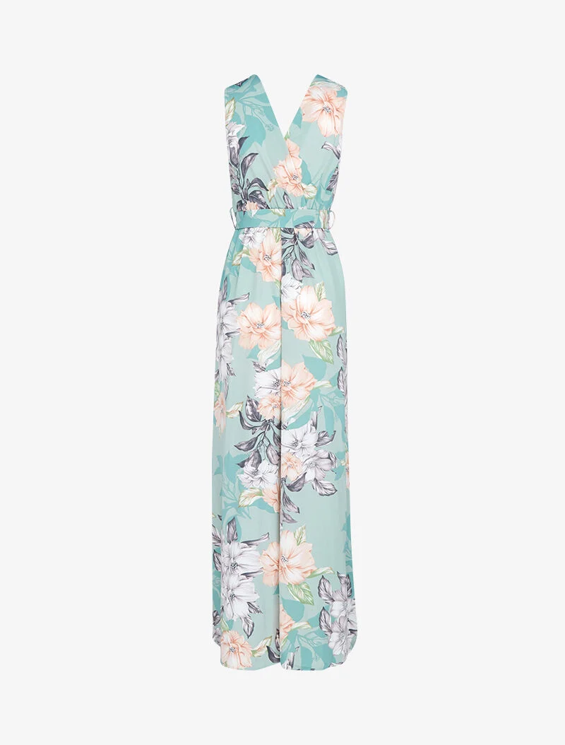 Langes Kleid mit Wickelausschnitt und Rücken. - Wassergrün