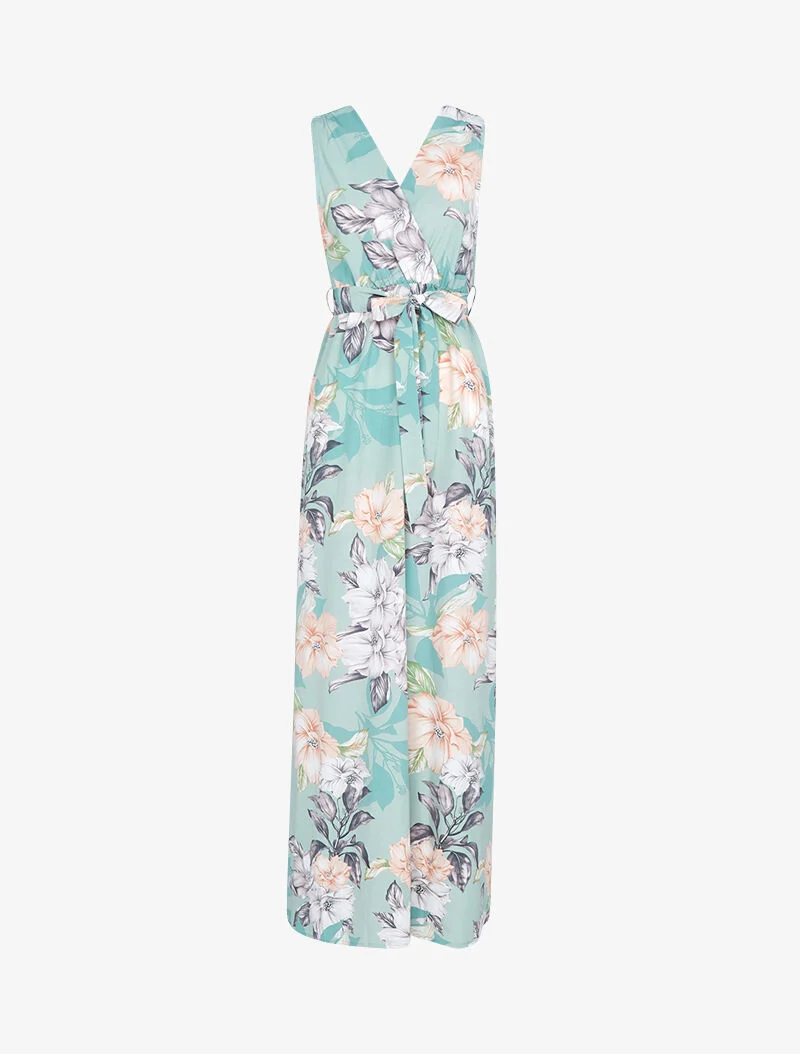 Langes Kleid mit Wickelausschnitt und Rücken. - Wassergrün