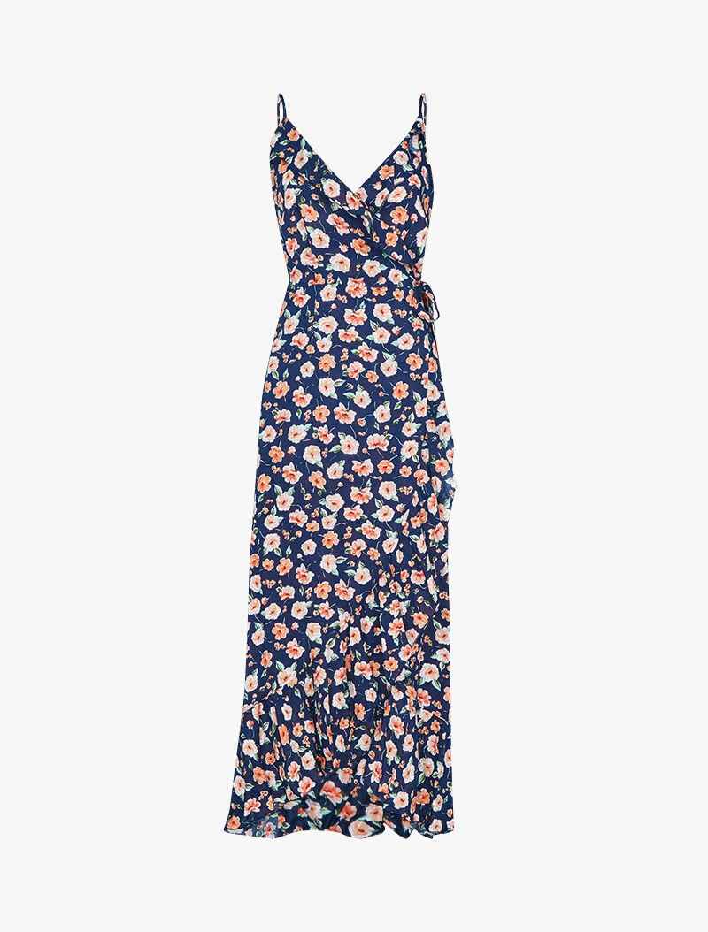 Langes Wickelkleid mit ländlichem Druck - Marine