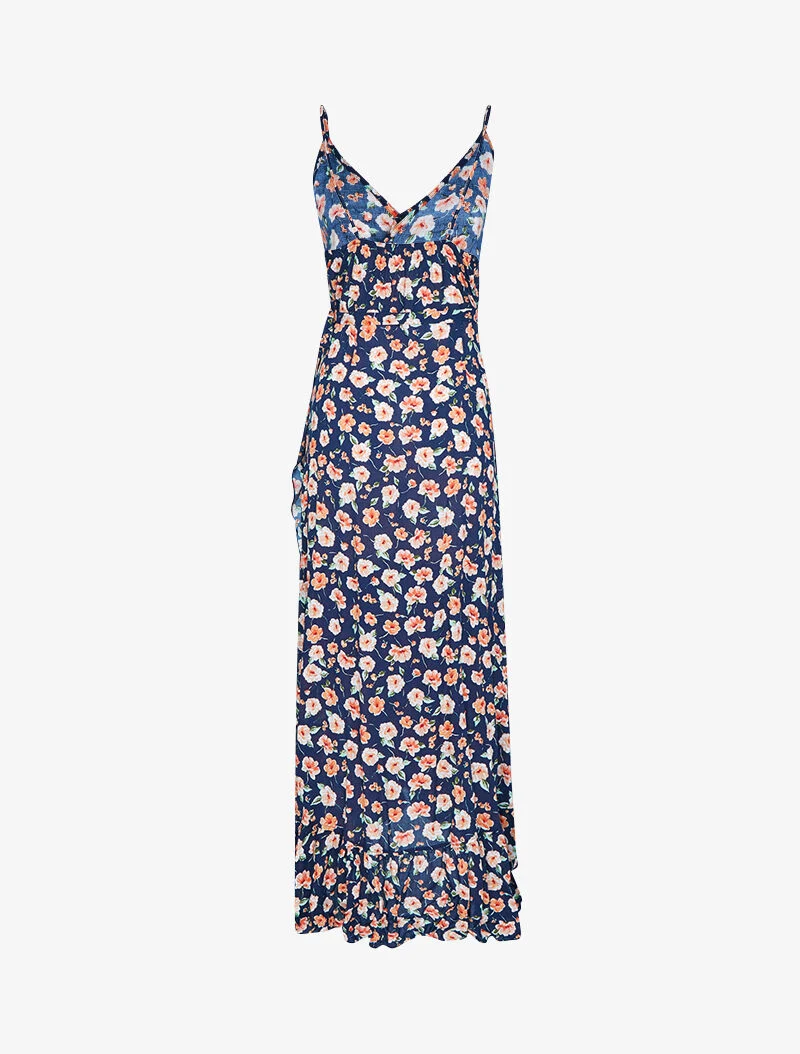 Langes Wickelkleid mit ländlichem Druck - Marine