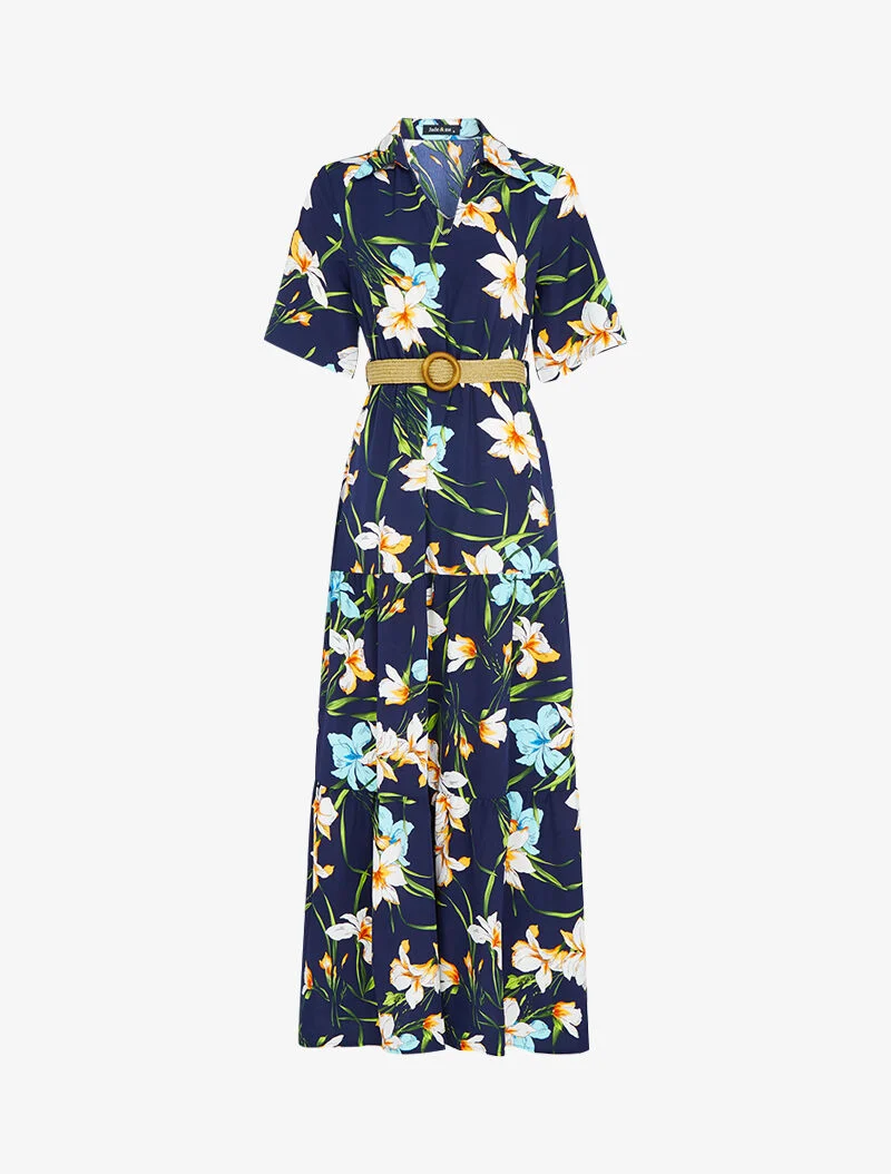Langes Kleid mit Schößchen und großem Blumenmuster - Marine