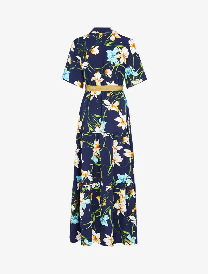 Langes Kleid mit Schößchen und großem Blumenmuster - Marine