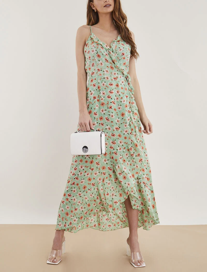 Langes Wickelkleid mit ländlichem Druck - Mandelgrün