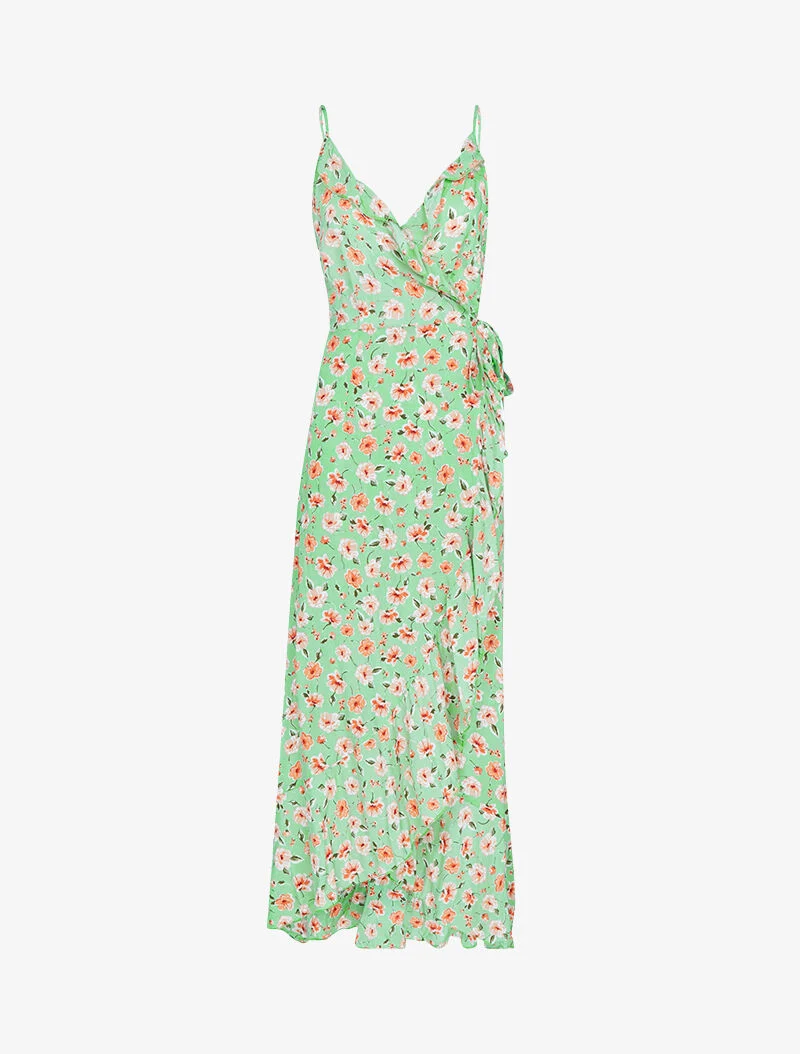 Langes Wickelkleid mit ländlichem Druck - Mandelgrün