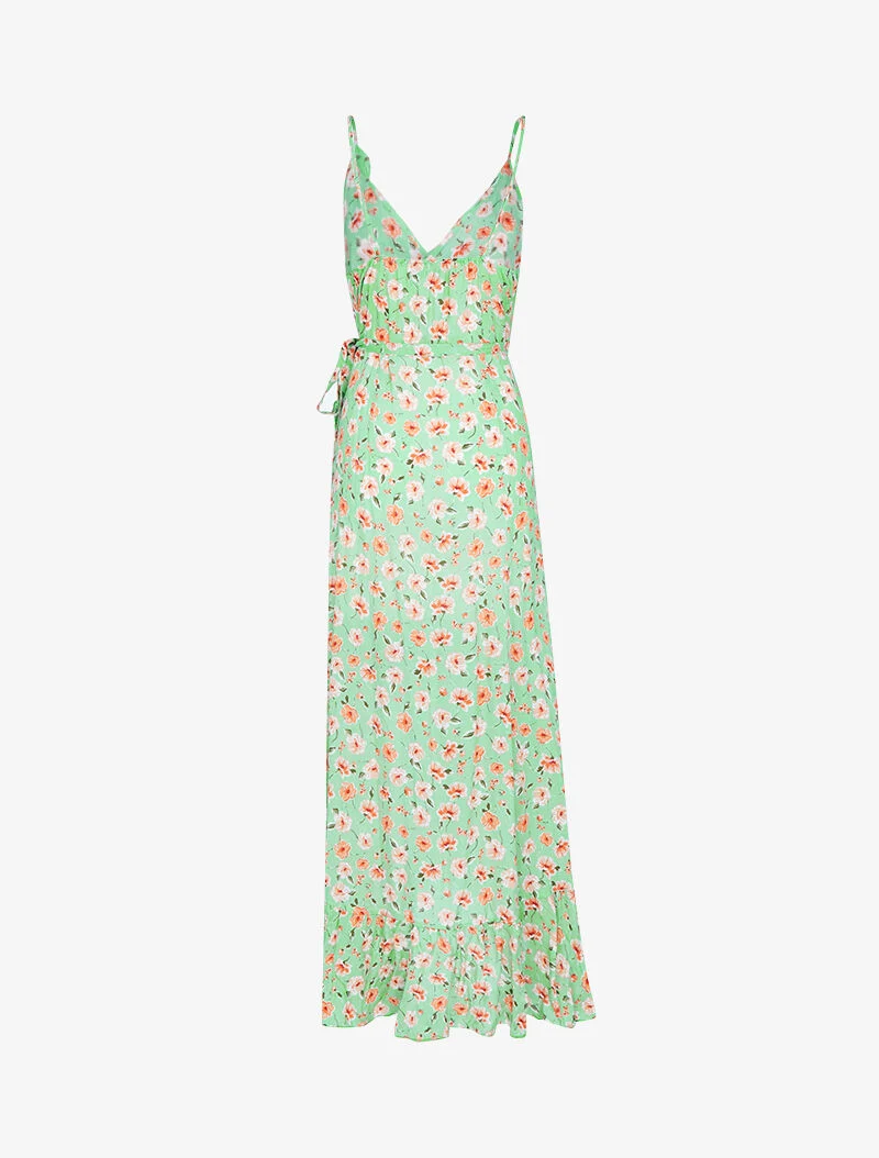 Langes Wickelkleid mit ländlichem Druck - Mandelgrün