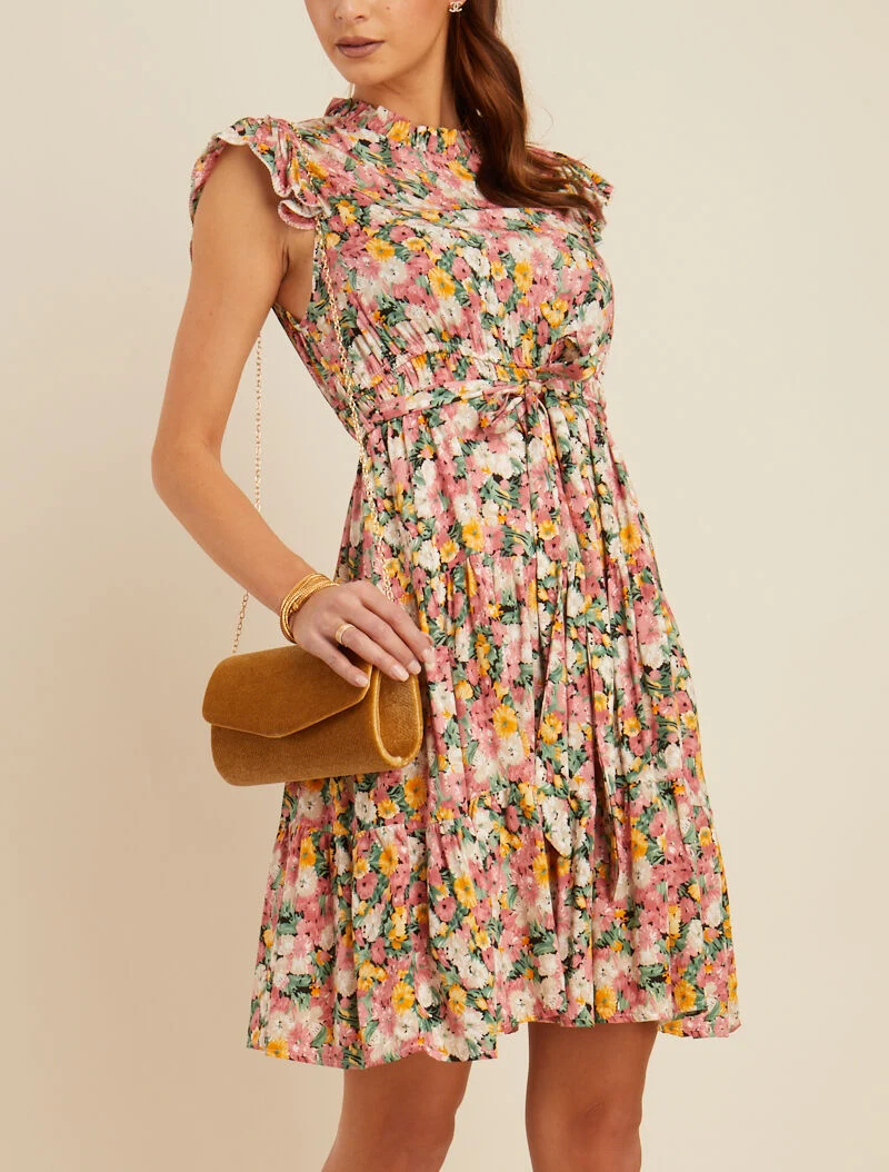 Geblümtes Kleid mit hohem Volantkragen - Rose