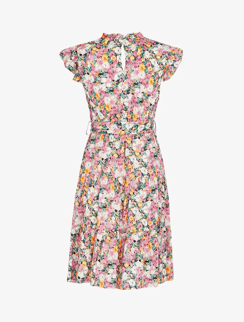 Geblümtes Kleid mit hohem Volantkragen - Rose