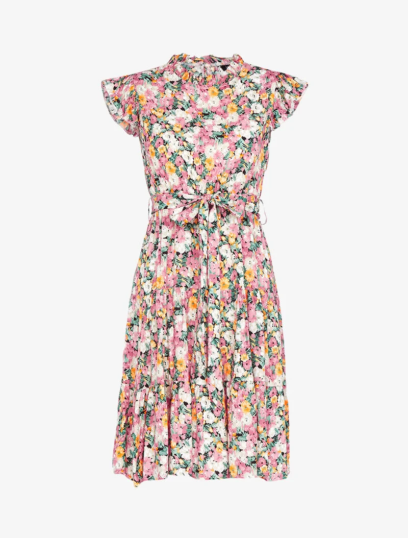 Geblümtes Kleid mit hohem Volantkragen - Rose