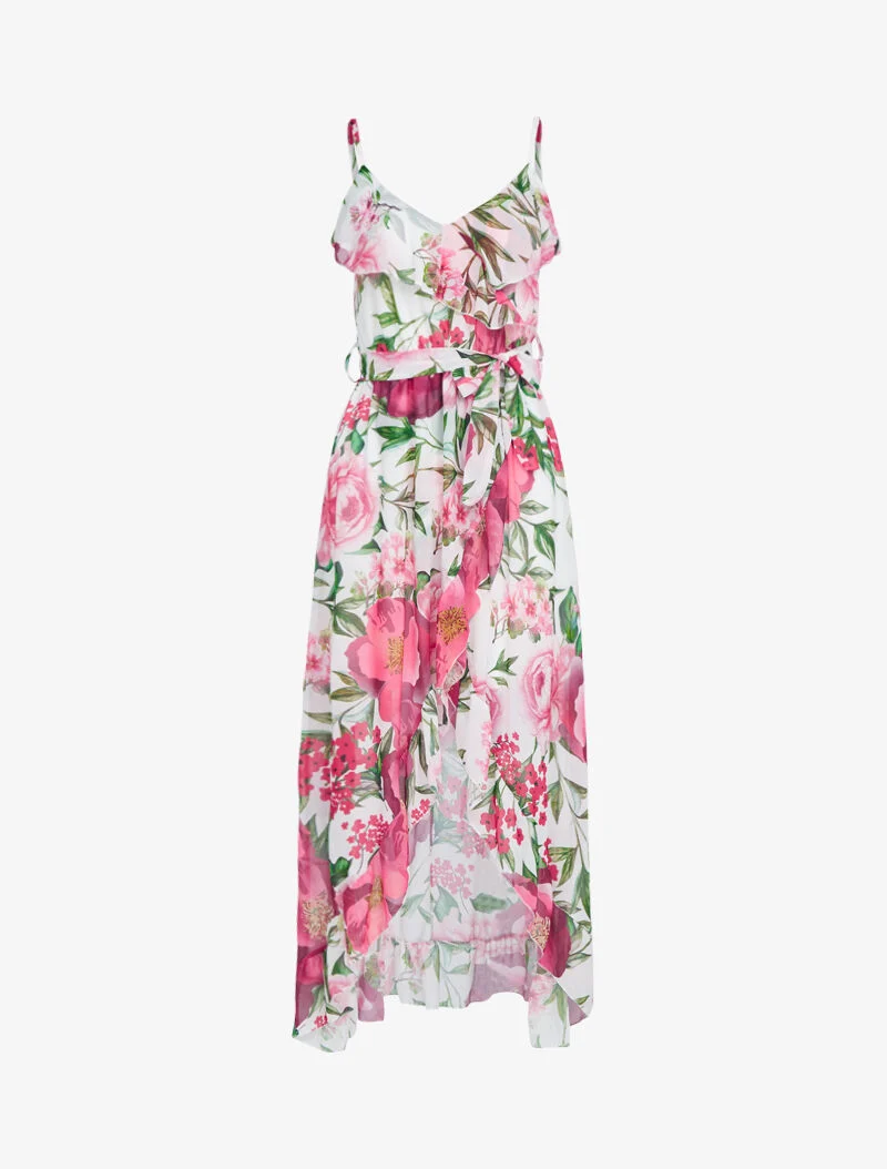 Langes Kleid mit Blumenmuster - Ecru