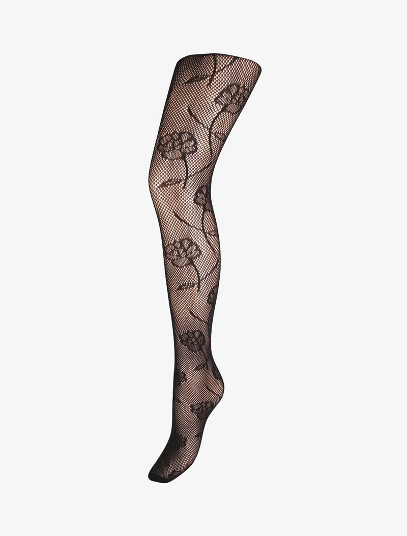 Netzstrumpfhose mit Blumenmuster - Schwarz