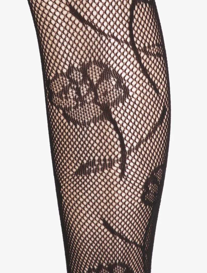 Netzstrumpfhose mit Blumenmuster - Schwarz