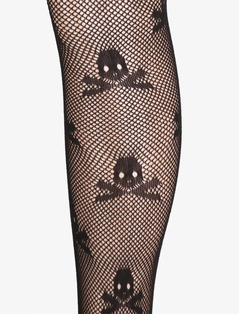 Netzstrumpfhosen mit Totenkopf-Muster - Schwarz