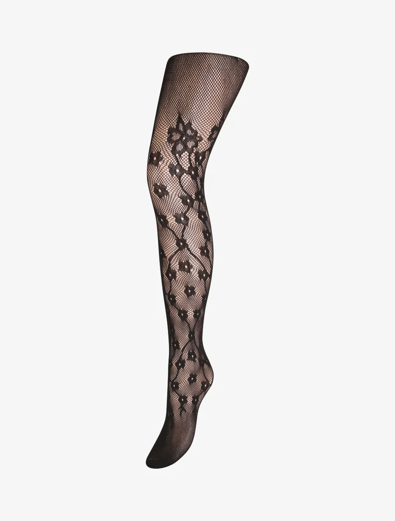 Netzstrumpfhose mit Blumen-Jacquardmuster - Schwarz