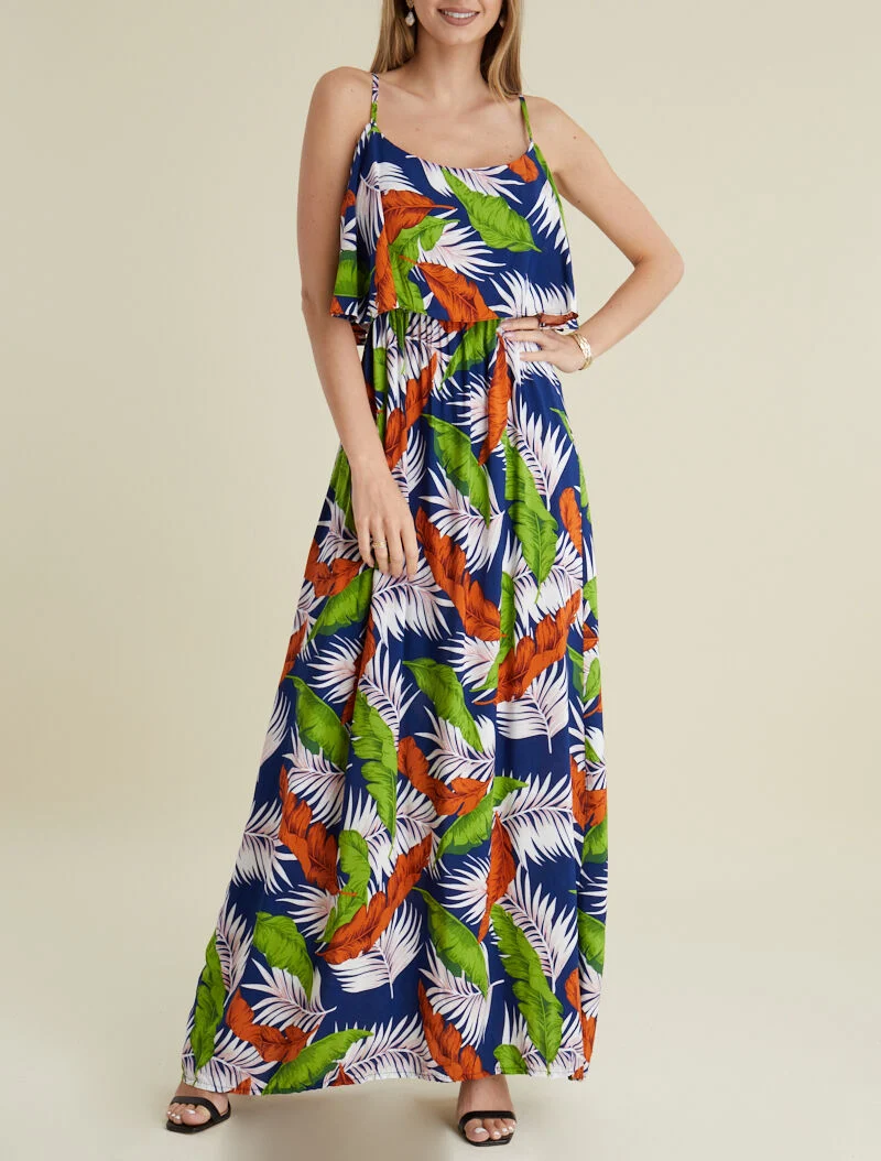Schulterfreies bedrucktes Kleid - Marine