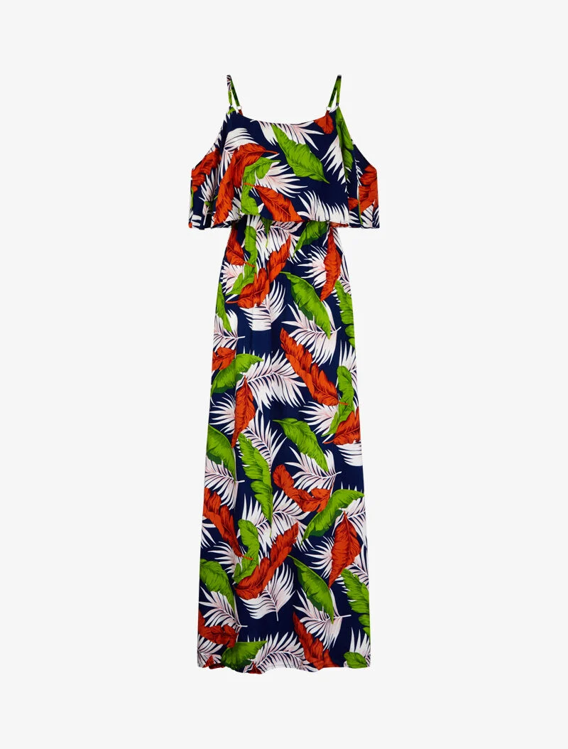 Schulterfreies bedrucktes Kleid - Marine