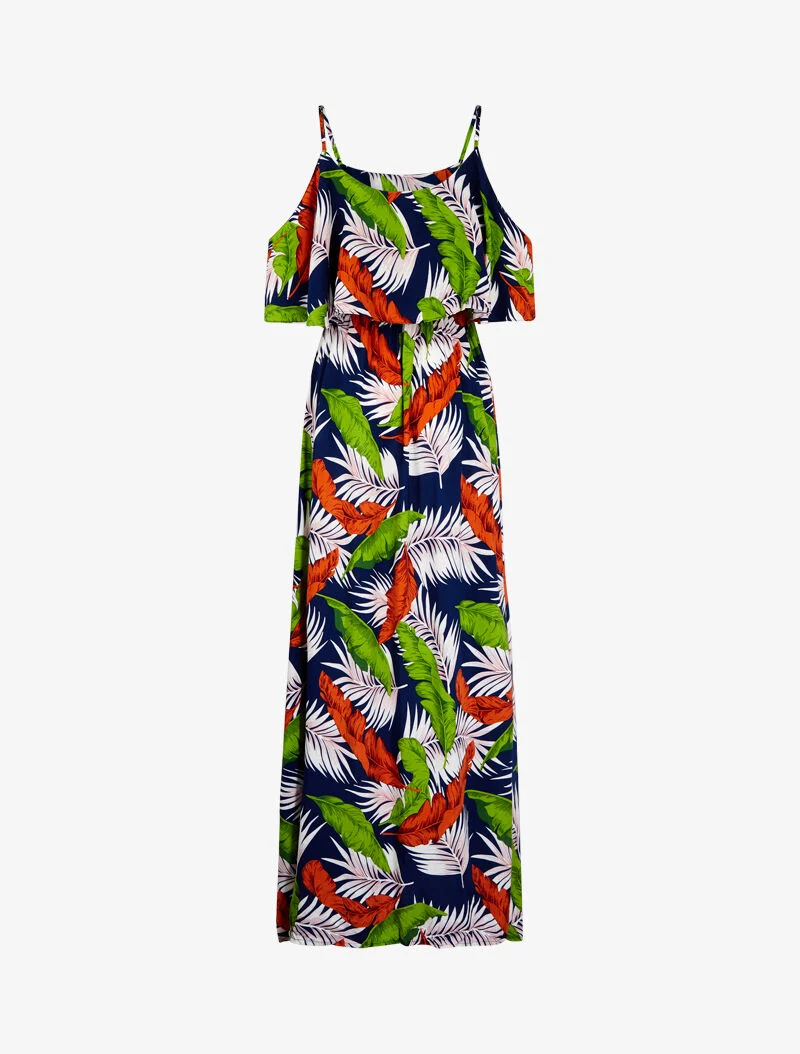 Schulterfreies bedrucktes Kleid - Marine