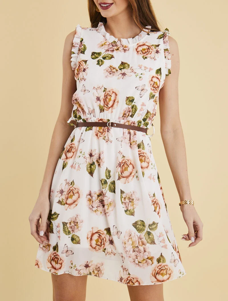 Kleid mit Blumenmuster, mit Kragen und gerüschten Ärmeln - weiß