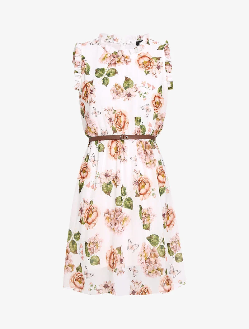Kleid mit Blumenmuster, mit Kragen und gerüschten Ärmeln - weiß
